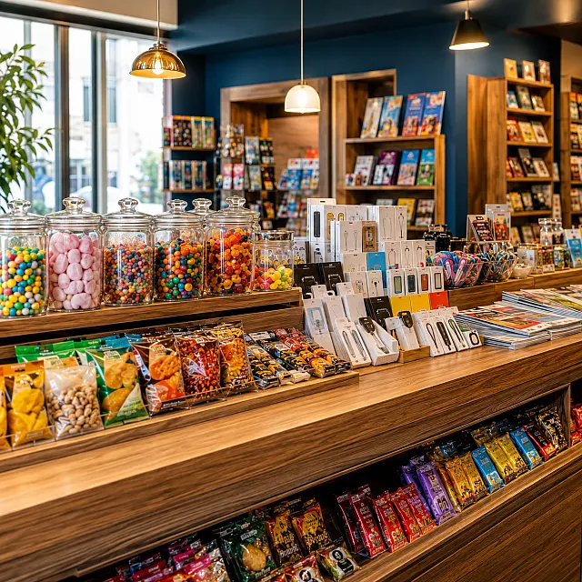 Comptoir d'un commerce de proximité garni de confiserie, de snacking et d'accessoires de téléphonie