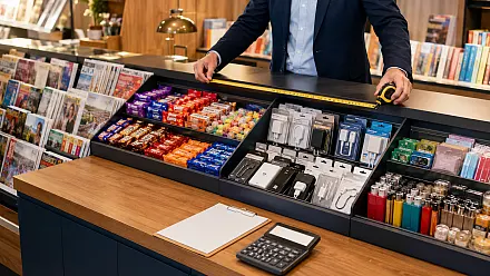 Relevé du linéaire de comptoir au mètre ruban, calculatrice et fiche d'analyse posées à côté