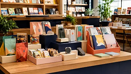 Présentoir de nouveautés mises en avant sur un comptoir : snacking, accessoires et papeterie
