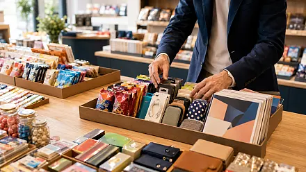 Mise en place d'une sélection de produits de comptoir dans les bacs d'une zone d'encaissement
